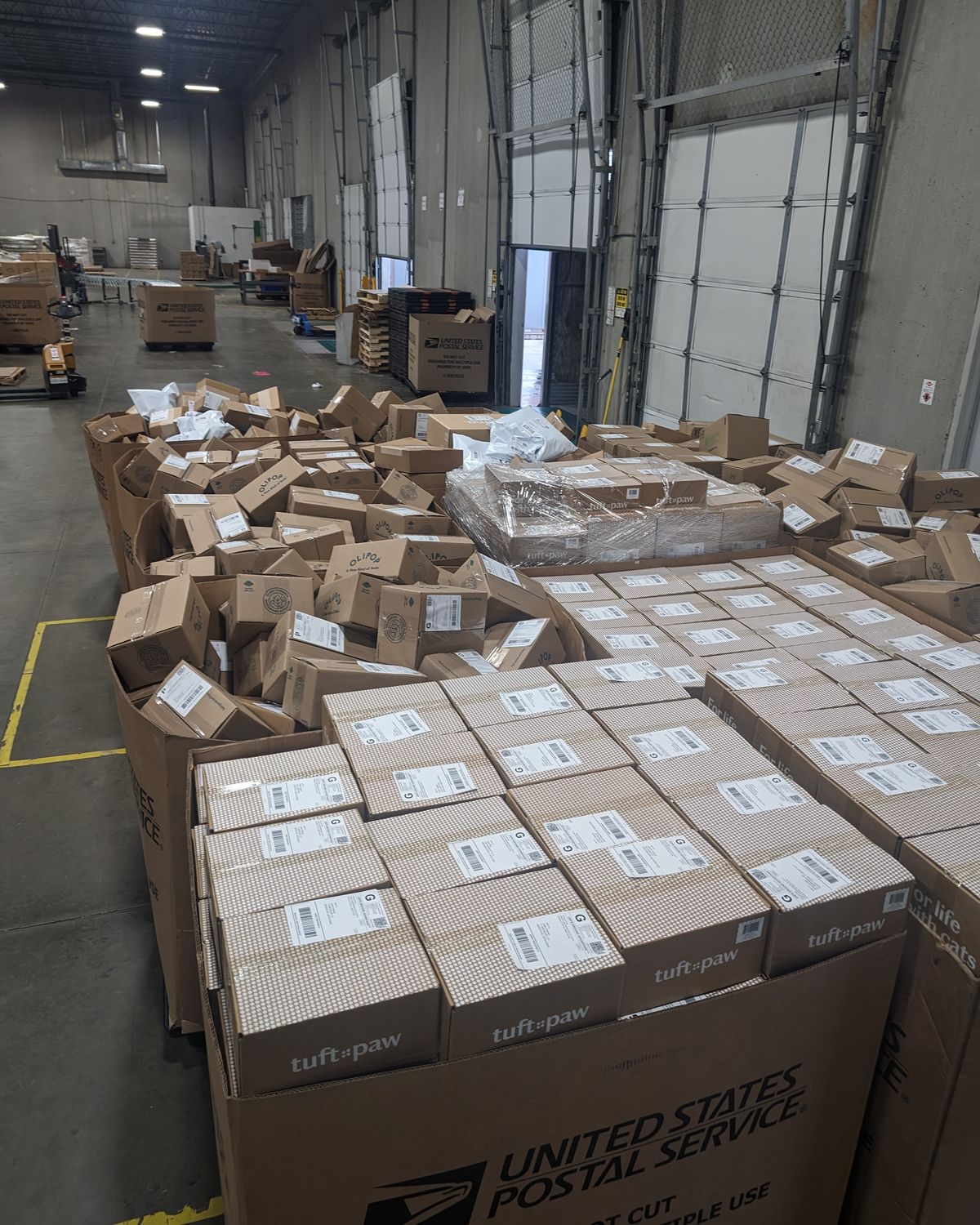 Boxed and labeled ecommerce orders staged at the dock for carrier pickup